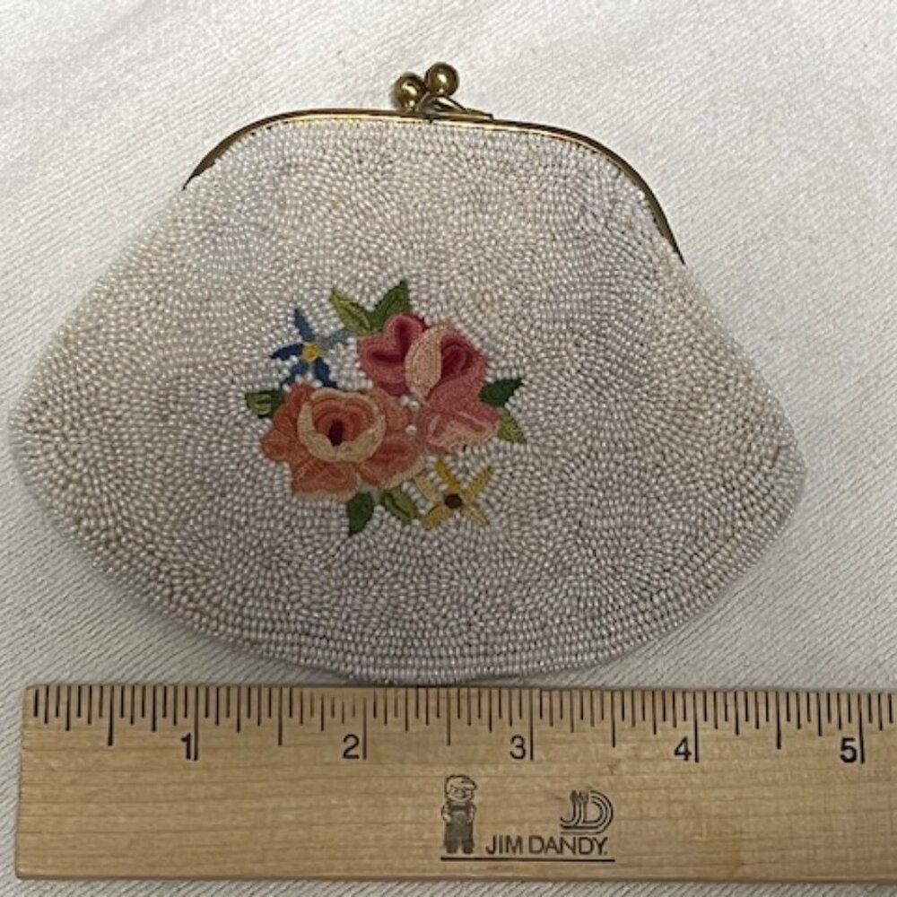 French White Beaded Embroidered Floral Pearl Kiss Lock Hinged Change Purse 4" - Picture 12 of 16
